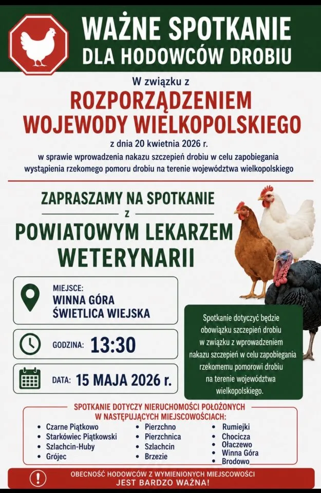 Obowiązkowe szczepienia drobiu - spotkanie dla hodowców w Wielkopolsce
