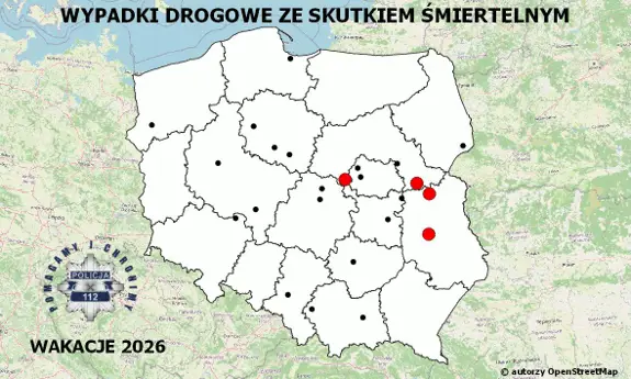 Mapa wypadków drogowych ze skutkiem śmiertelnym - Wakacje 2026